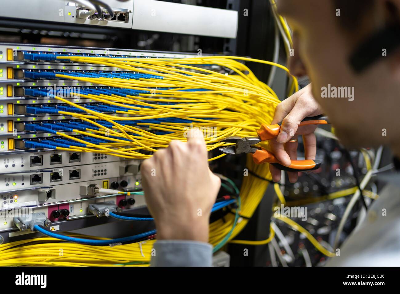 Erntegutarbeiter mit Drahtschneider, die mit einem elektronischen System arbeiten Des Serverraums Stockfoto