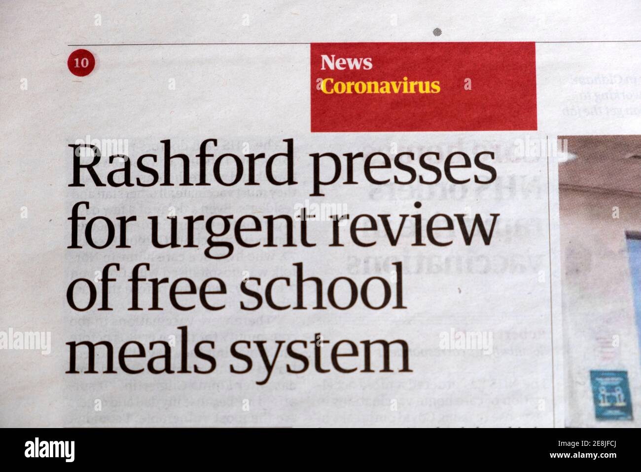 „Rashford setzt sich für die dringende Überprüfung des Systems der kostenlosen Schulmahlzeiten ein“ Coronavirus covid 19 Nachrichtenzeitung Schlagzeile in Guardian auf 14 Januar 2021 London Großbritannien Stockfoto