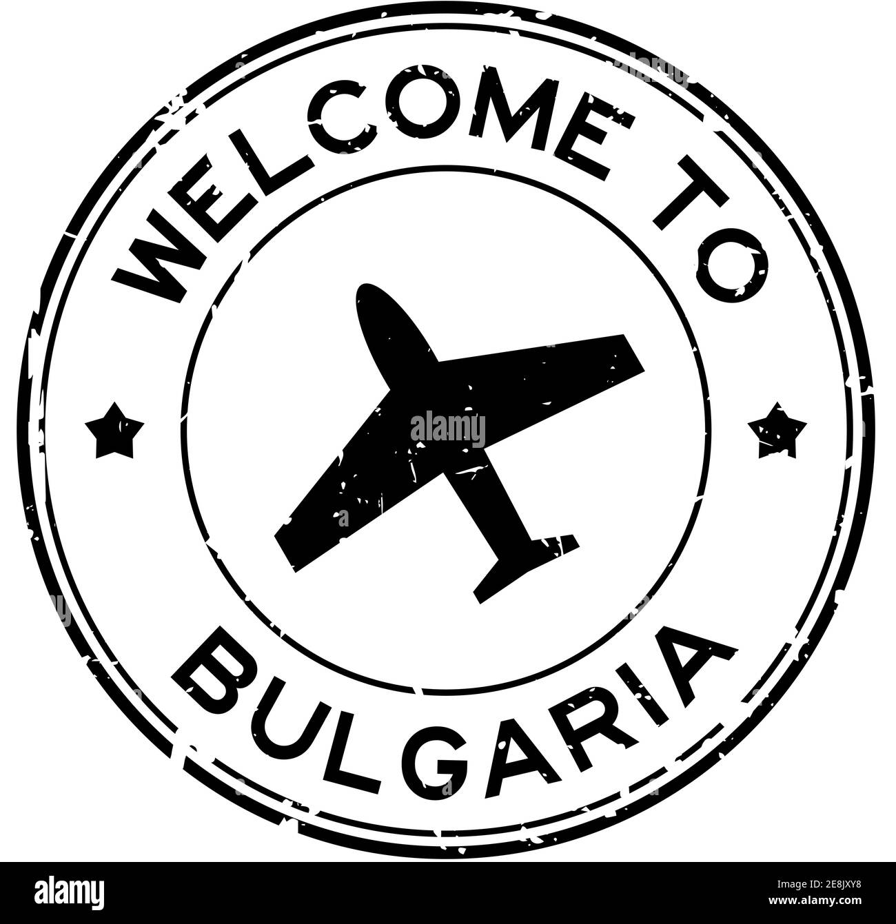 Grunge schwarz Willkommen in Bulgarien Wort mit Flugzeug-Symbol rund Stempel mit Gummidichtung auf weißem Hintergrund Stock Vektor