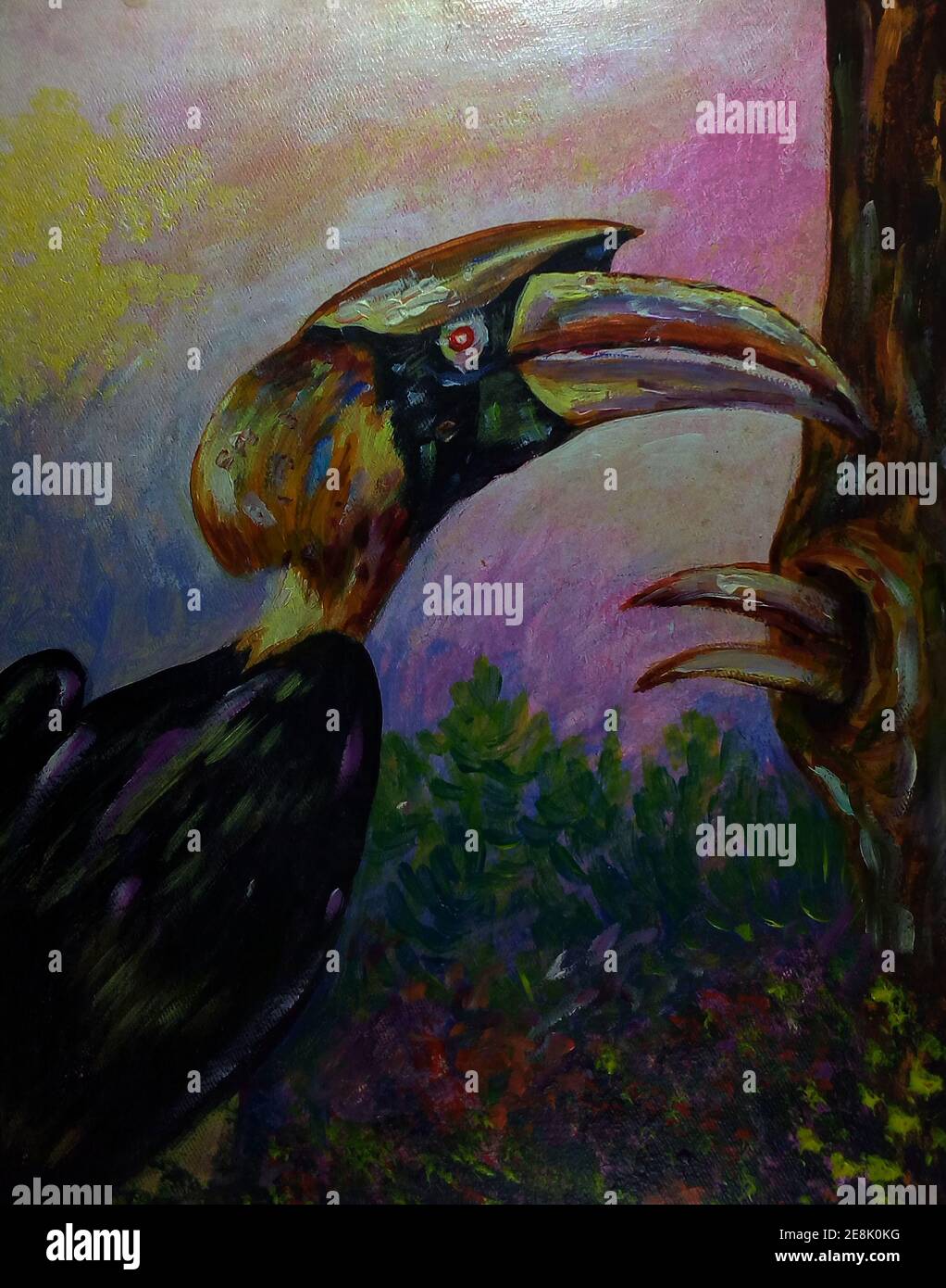 Kunst, Malerei, Hintergründe für Design, ölfarbener Hornvogel aus thailand Stockfoto