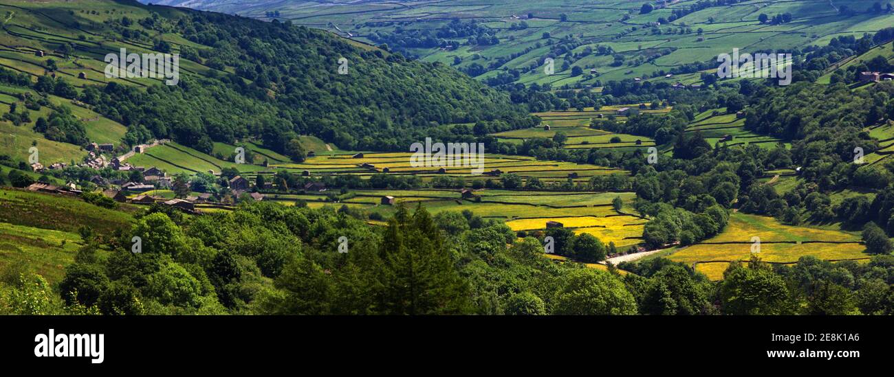 Weiter Panoramablick auf Swaledale, Yorkshire Dales National Park in Richtung Heuwiesen und Dorf Gunnerside Stockfoto