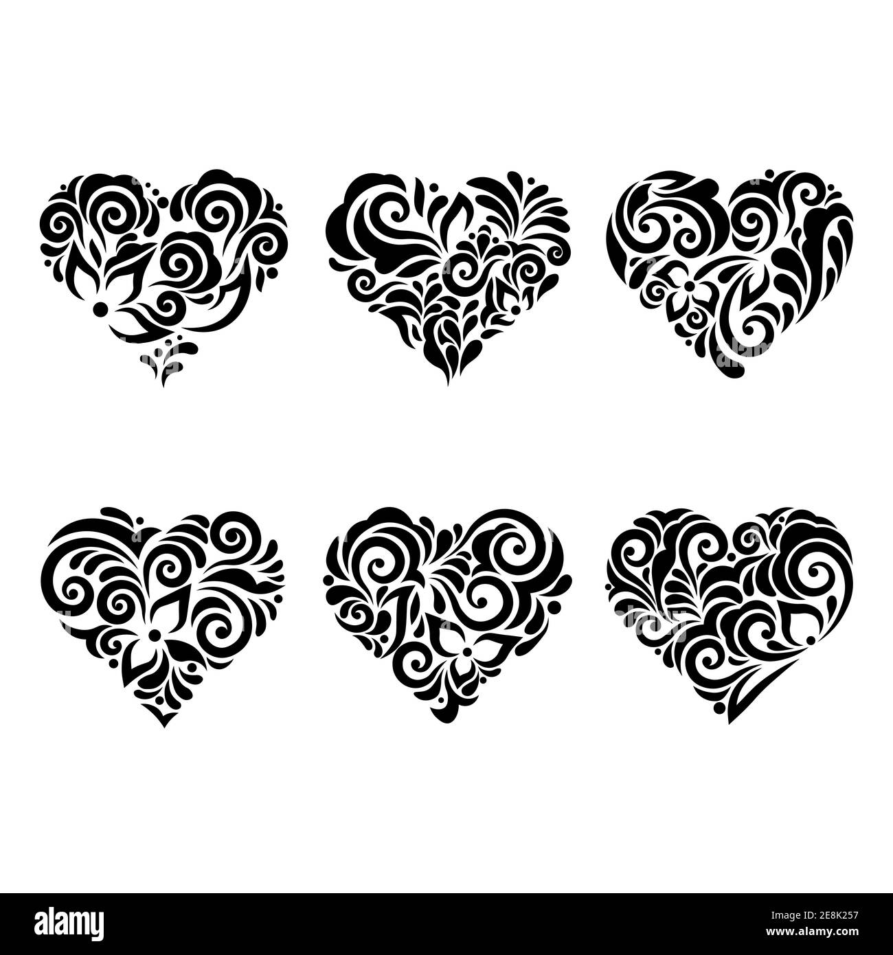 Set Schablonen Herzen mit Mustern aus Blättern und Blumen. Vorlage für Innenarchitektur, Einladungen, etc. Vektor-Illustration. Aufkleber-Set. Muster für Stock Vektor