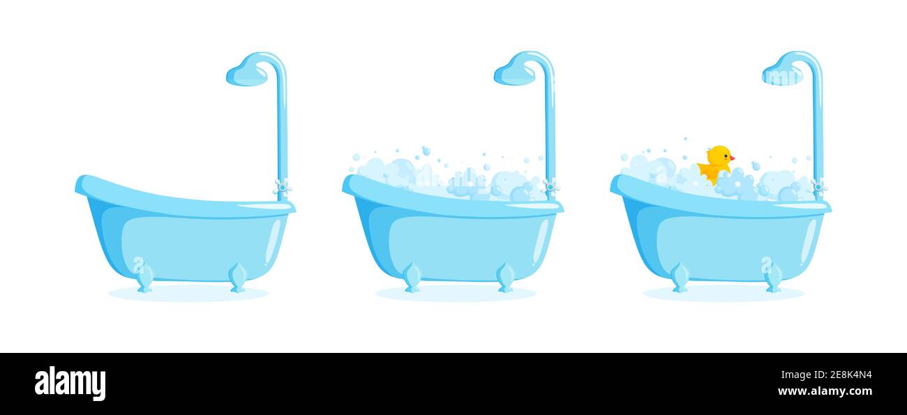 Badewanne mit Unterwasser und Gummiente und Dusche. Muschel-Set mit Ente, Blasen und Schaum. Vektorgrafik im Cartoon-Stil Stock Vektor