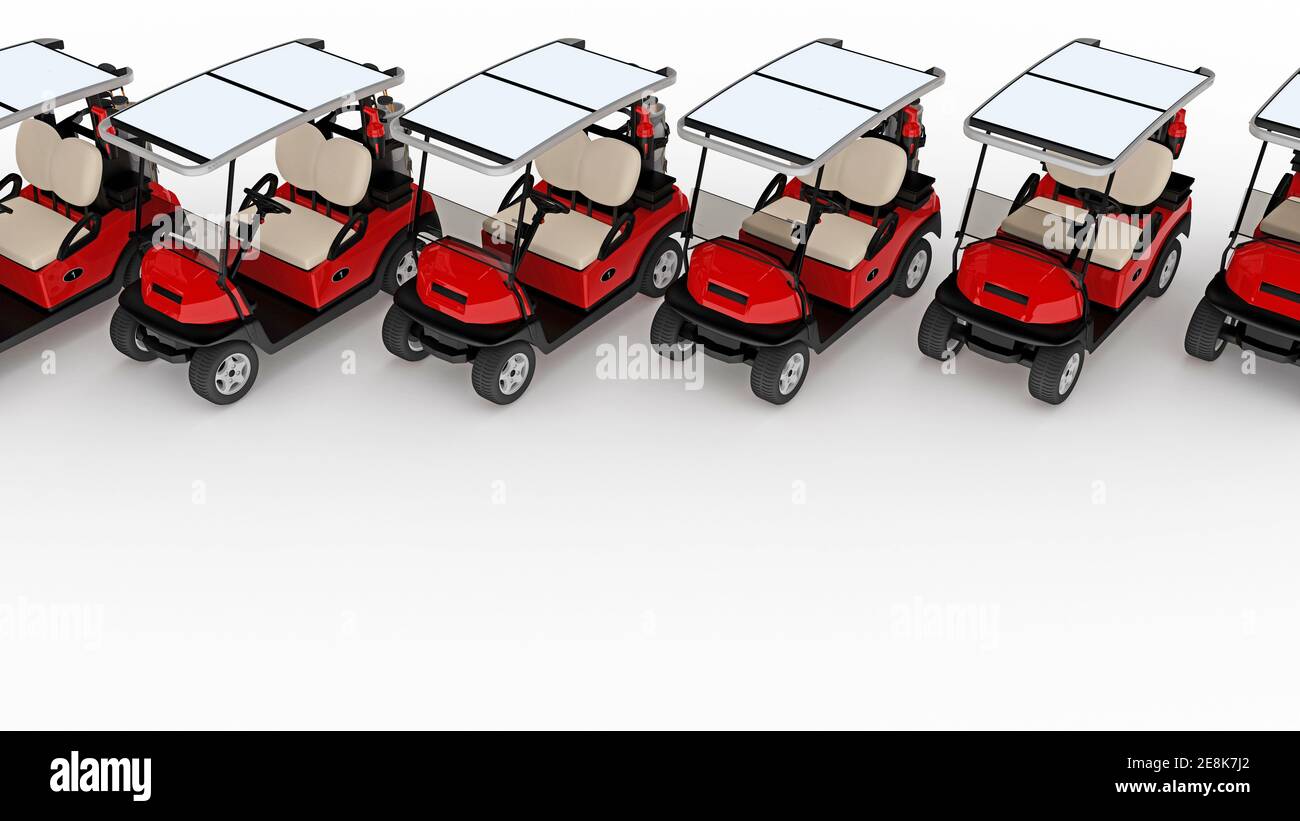Reihe von Golfwagen. 3d-Rendering Stockfoto