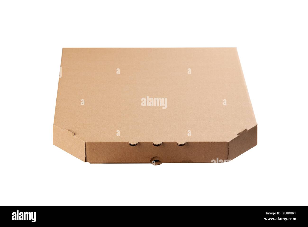 Leerer Karton Karton Pizza-Paket. Papier Pizza-Box. Isoliert auf weißem Hintergrund. Leere Vorlage für Design Stockfoto