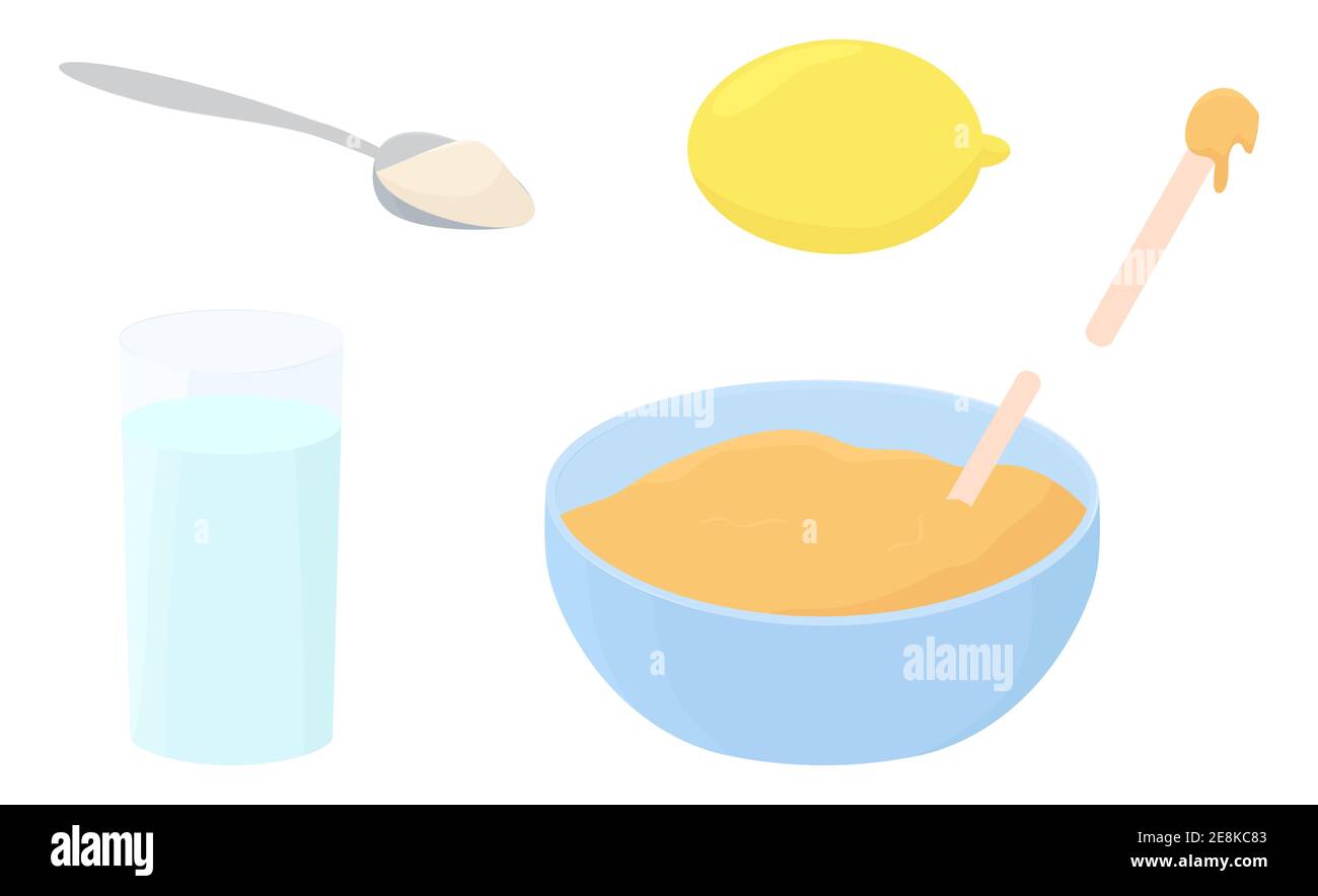Abbildung Rezept der Haarentfernung Zuckerpaste für Enthaarung isoliert auf weiß. Tasse, Spatel, Löffel Zucker, Glas Wasser, limon in Cartoon-Wohnung Stock Vektor