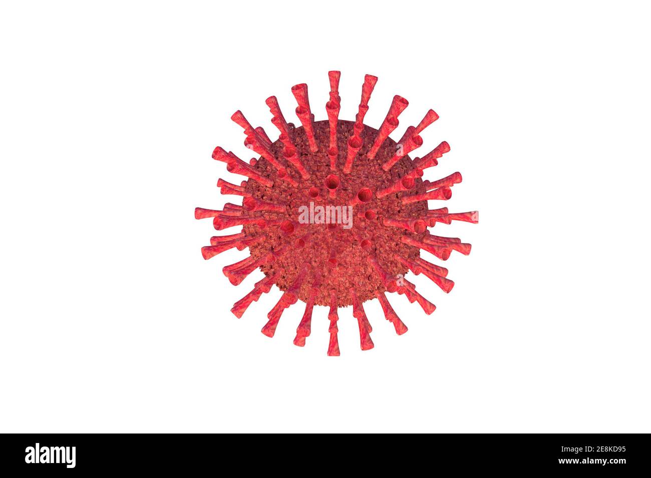 Isolierte Coronavirus-Bakterien 3D-Illustration mit roten Formen auf weißem Hintergrund. Stockfoto