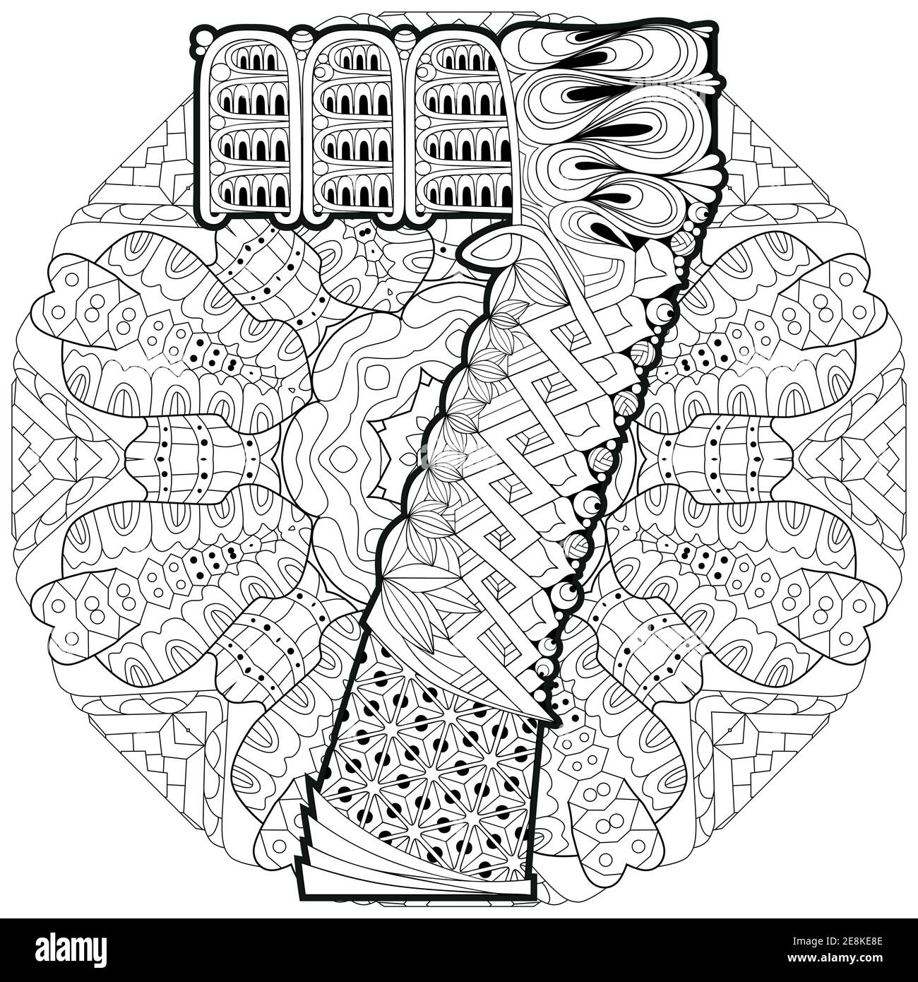-Handgemalte Design. Erwachsenen Anti-Stress-Malvorlagen. Schwarz / weiß handgezeichnete Abbildung Mandala mit Numero sieben für Malbuch Stock Vektor