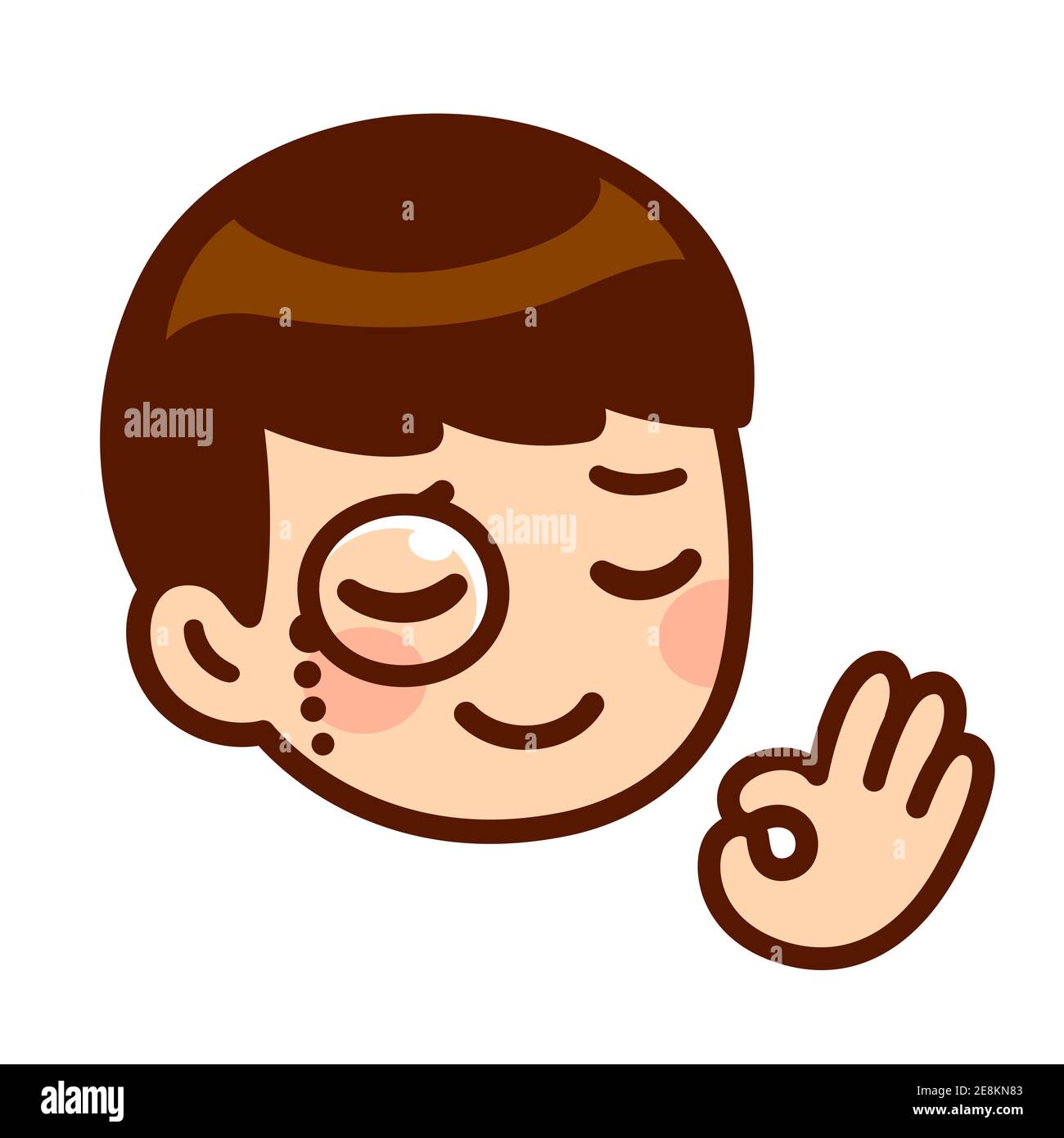Lustige Cartoon Gesicht von niedlichen Anime Junge mit Monocle und OK Finger Geste. Hochklassige, geschmackliche Genehmigung Zeichen. Isolierte Vektor-Clip Art-Illustration. Stock Vektor