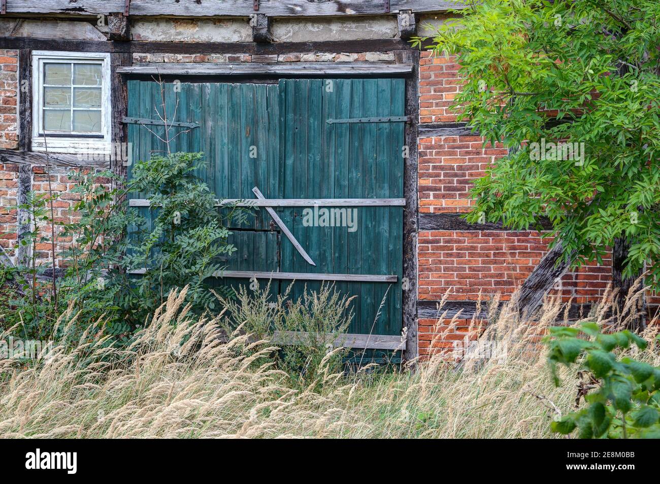Ländlich, urwüchsig, rustikal, die alte grüne Scheune Tür auf dem verlassenen Bauernhof schickt uns zurück in eine Zeit, als alles noch einfacher und weniger kompliziert war. Stockfoto