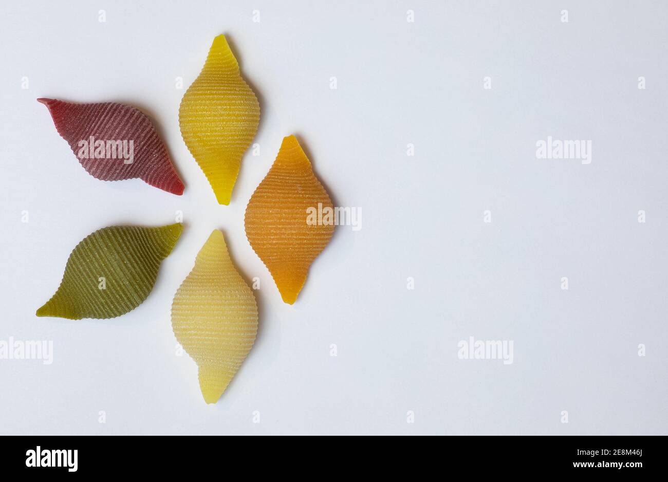 Muschelnudeln in 5 Farben und Geschmacksrichtungen. Rohe Vollkornteigwaren auf weißem Hintergrund, mit Hartmehl hergestellt Stockfoto