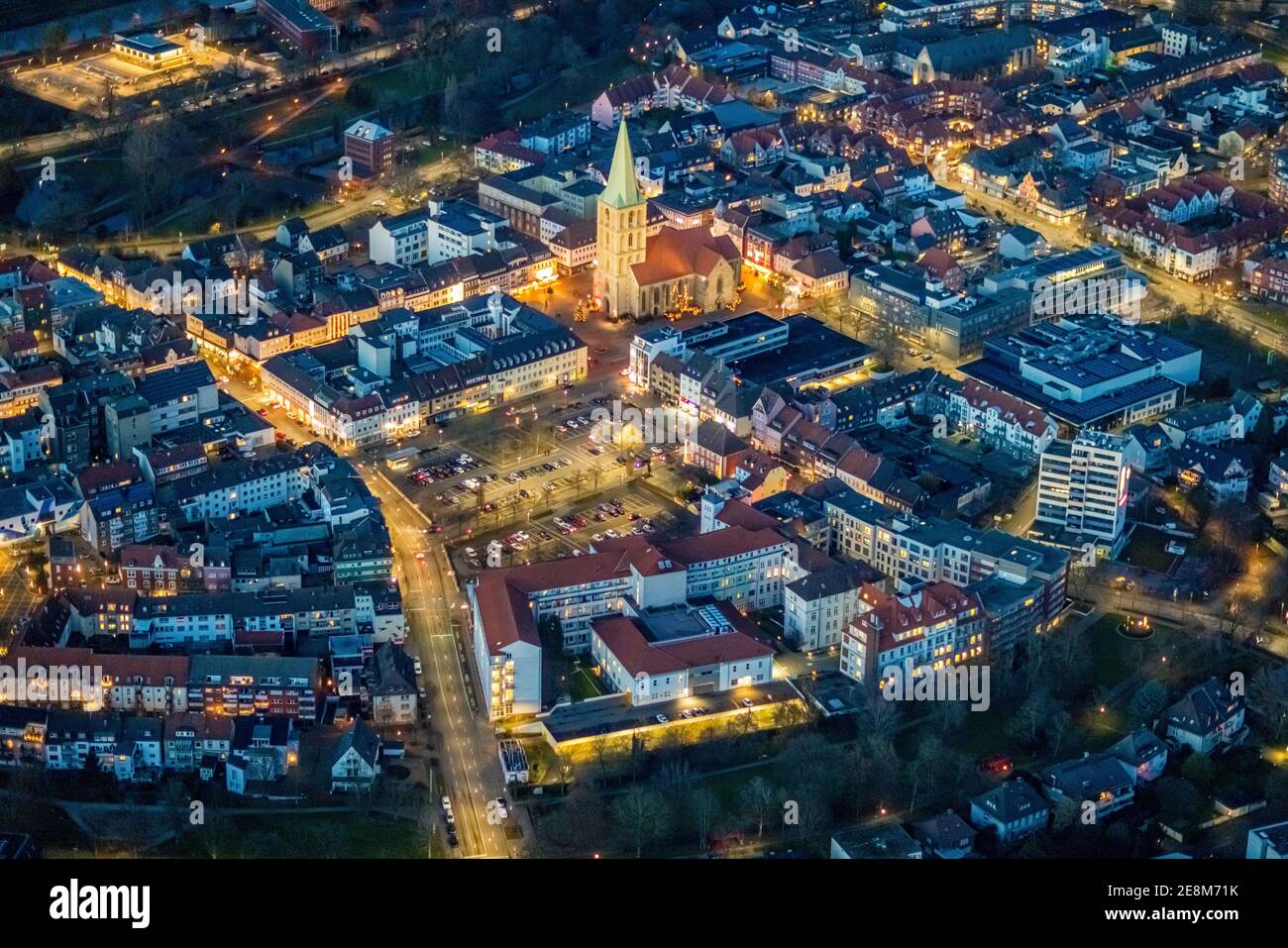 Luftaufnahme, Santa-Monica-Platz, Parkplatz, Stadtzentrum mit Marktplatz und St. Paul's Kirche, St. Marien-Hospital Hamm Juwel. GmbH Klinik für Gefäßchi Stockfoto