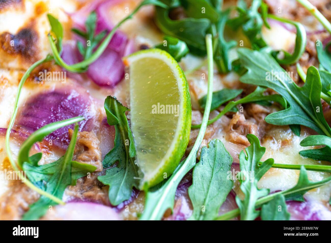 Nahaufnahme der Tonno e Cipolla Pizza mit Thunfisch, Rucola, marinierten roten Zwiebeln und Limettenscheibe. Selektiver Fokus. Stockfoto