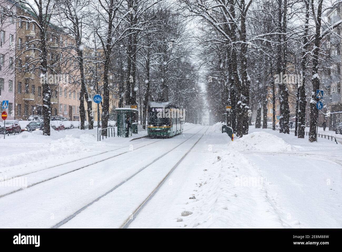 Tram 463 der Linie 4 an der Straßenbahnhaltestelle bei Schneefall im Munkkiniemi-Viertel von Helsinki, Finnland Stockfoto