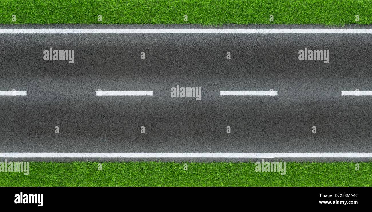 Nahtlose Unendlichkeit echte Straße sphalt grau schwarzen Teer Oberfläche Textur mit grünem Gras und weißen Lane Linie boder. Verkehrstransport Design Pat Stockfoto