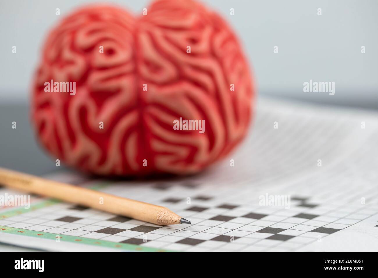 Alzheimer und Gehirntraining Konzept, Gehirn und Kreuzworträtsel mit Bleistift Stockfoto