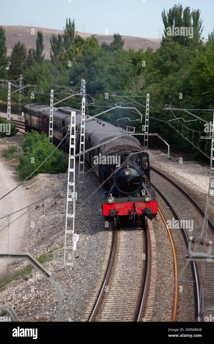 Dampflokomotive namens "Trawberry Train" am Bahnhof Aranjuez Stockfoto