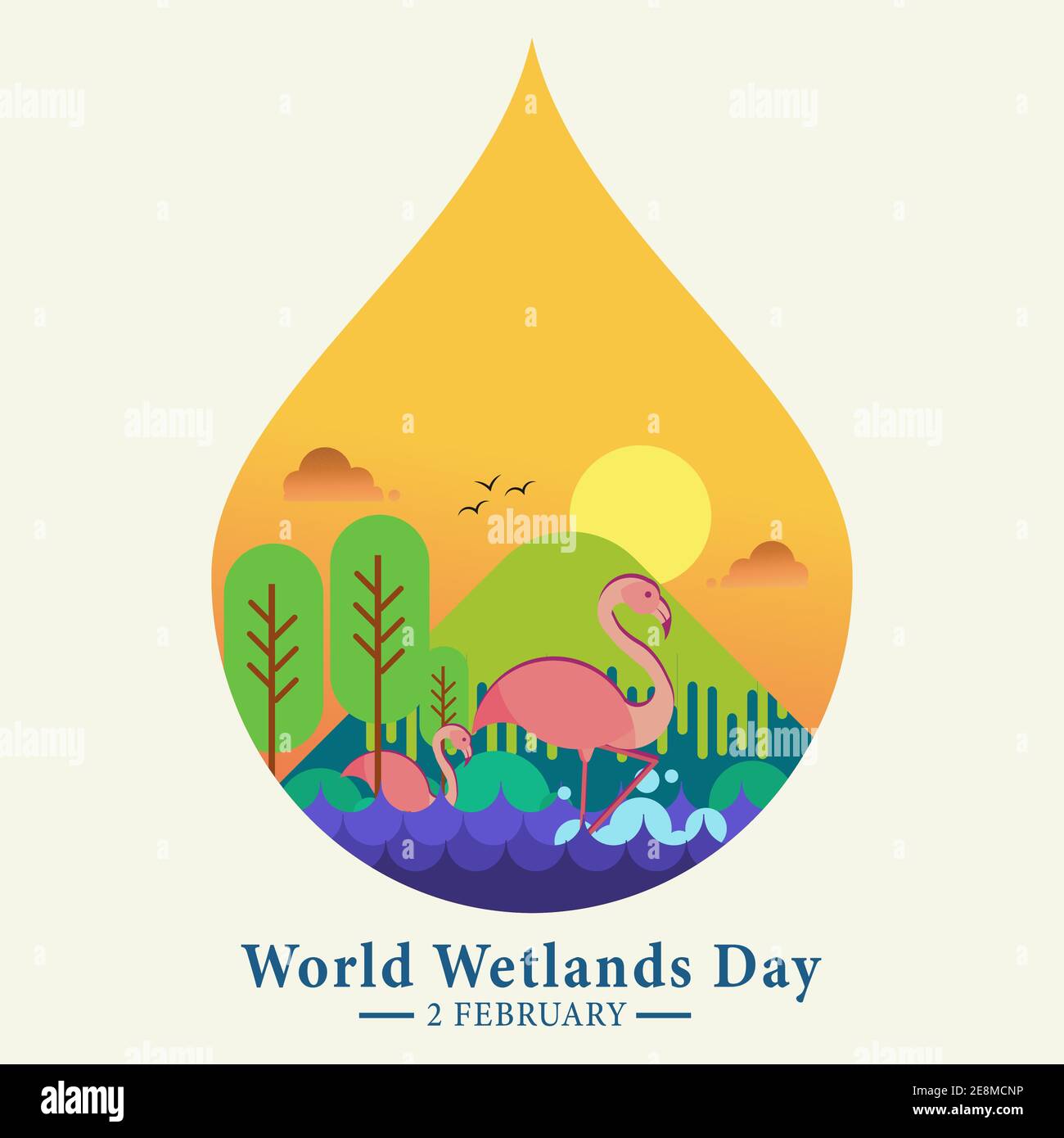 World Wetlands Day, 2. Februar, Poster mit Landschaft und Schwan Illustration, Vektorgrafik Stock Vektor