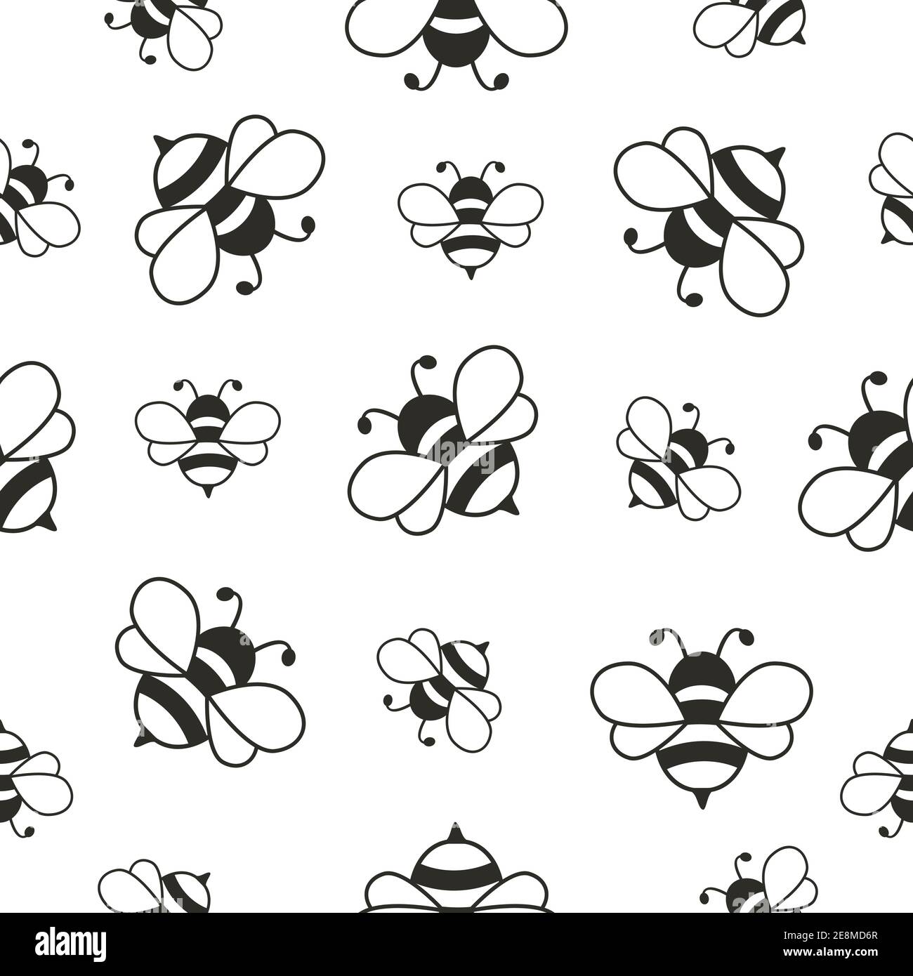 Nahtloses Muster mit fliegenden Bienen Hintergrund. Cartoon niedliche Biene Zeichen in schwarz und weiß Farbe. Stock Vektor