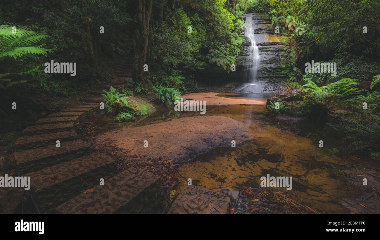 In Katoomba, Blue Mountains National Park, NSW, Australien, bilden Gordon Creeks den natürlichen Pool des Siloam Wasserfalls. Stockfoto