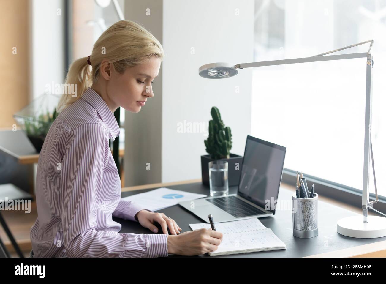 Fokussierte Millennial-Studentin, die sich das Webinar auf einem Laptop ansieht Stockfoto