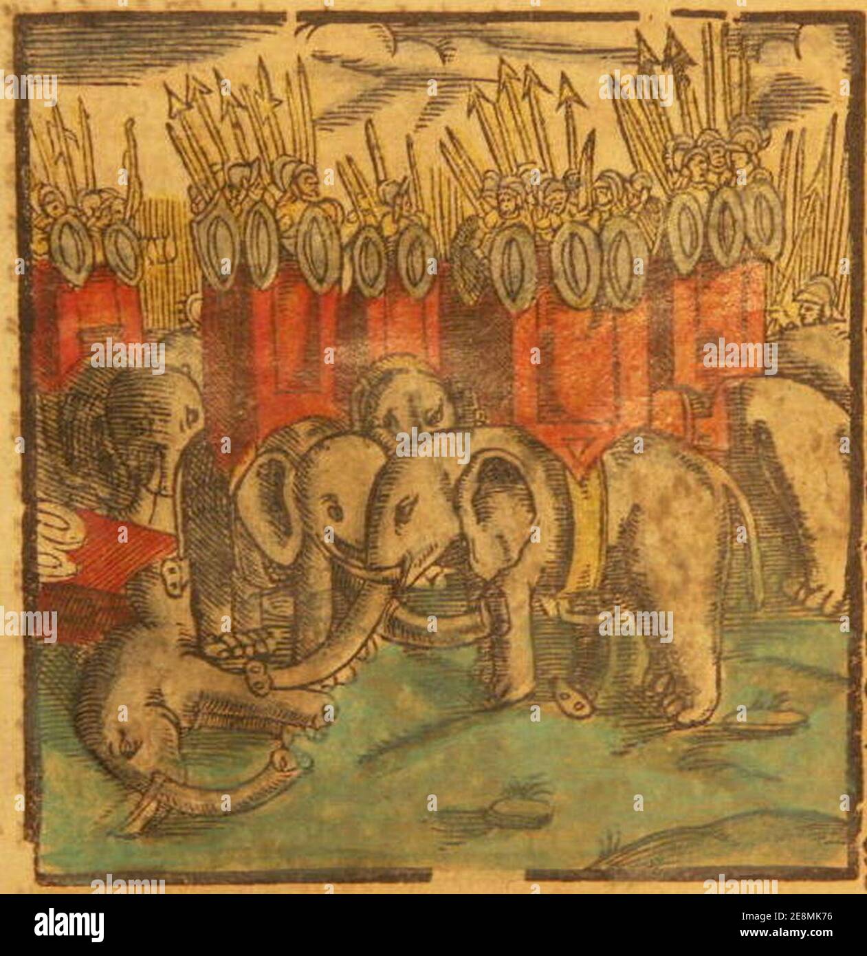 Weitere militärische Elefanten aus einer späteren deutschen Ausgabe von 1628 von Casmographia. Stockfoto