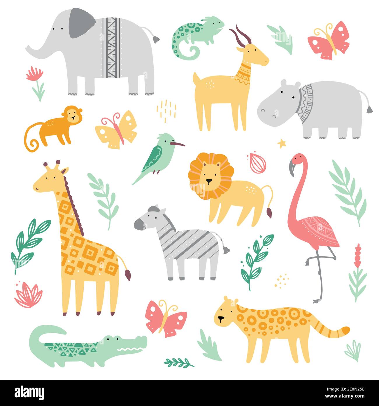 Set von niedlichen afrikanischen Zoo Tiere Giraffe, Zebra, Löwe, Vogel, Elefant, Schlange, Eidechse, Gepard, Krokodil. Flache und einfache Design-Stil für Baby, Kinder Illustration. Stock Vektor