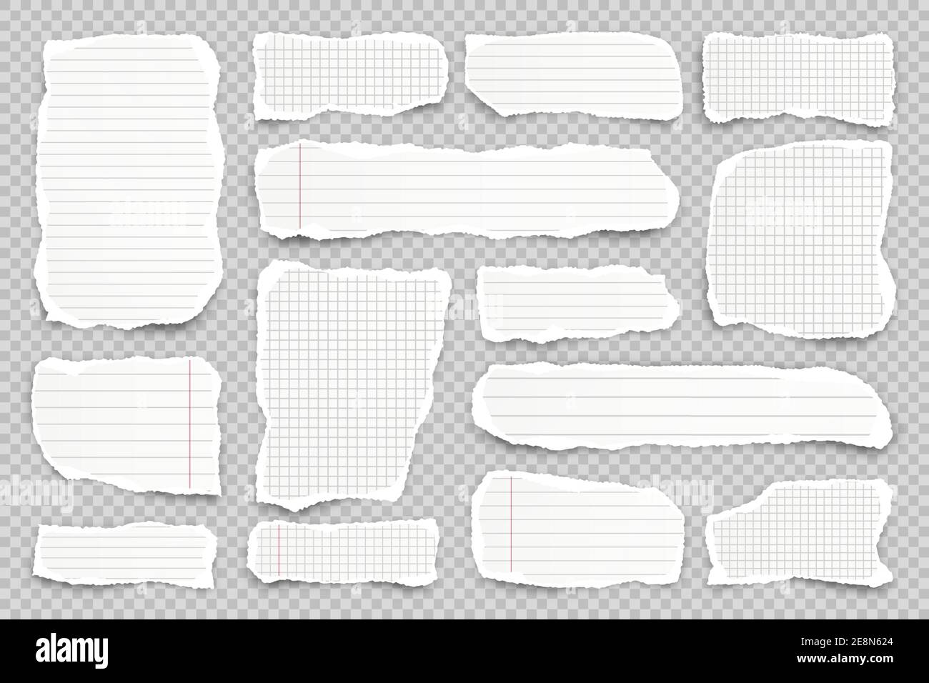 Zerrissene Papierstreifen auf transparentem Hintergrund. Realistische zerknitterte Papierreste mit abgerissenen Kanten. Linierte Fetzen von Notizbuchseiten. Vektorgrafik. Stock Vektor