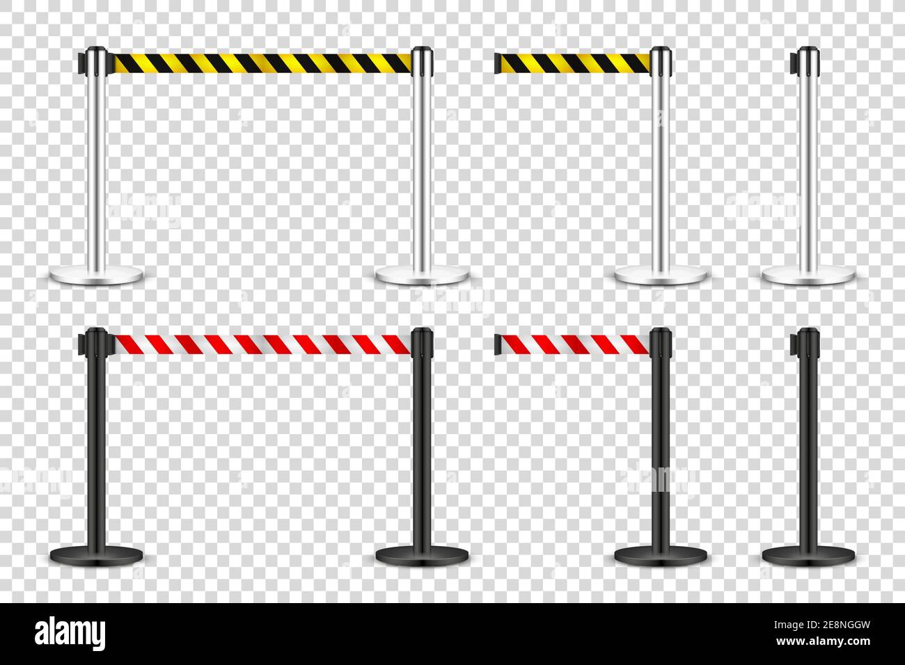 Realistische einziehbare Gürtelstange auf transparentem Hintergrund. Sperrpfosten für die Massenkontrolle mit Schutzband. Warteschlangenzeilen. Begrenzungsrahmen und Stock Vektor