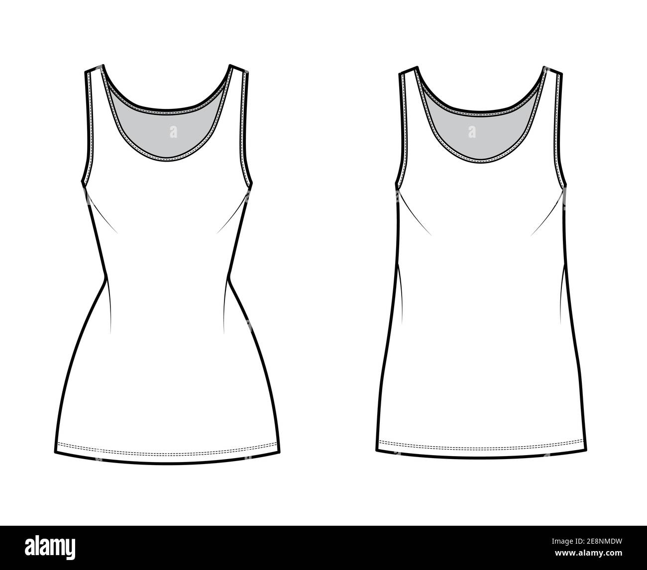 Tank Kleid technische Mode Illustration mit Rundhalsausschnitt, Träger, Mini-Länge, überdimensioniert, Einbaukörper, Bleistift Fülle. Flache Bekleidungsvorlage vorne, weiß. Frauen, Männer, Unisex CAD Mockup Stock Vektor