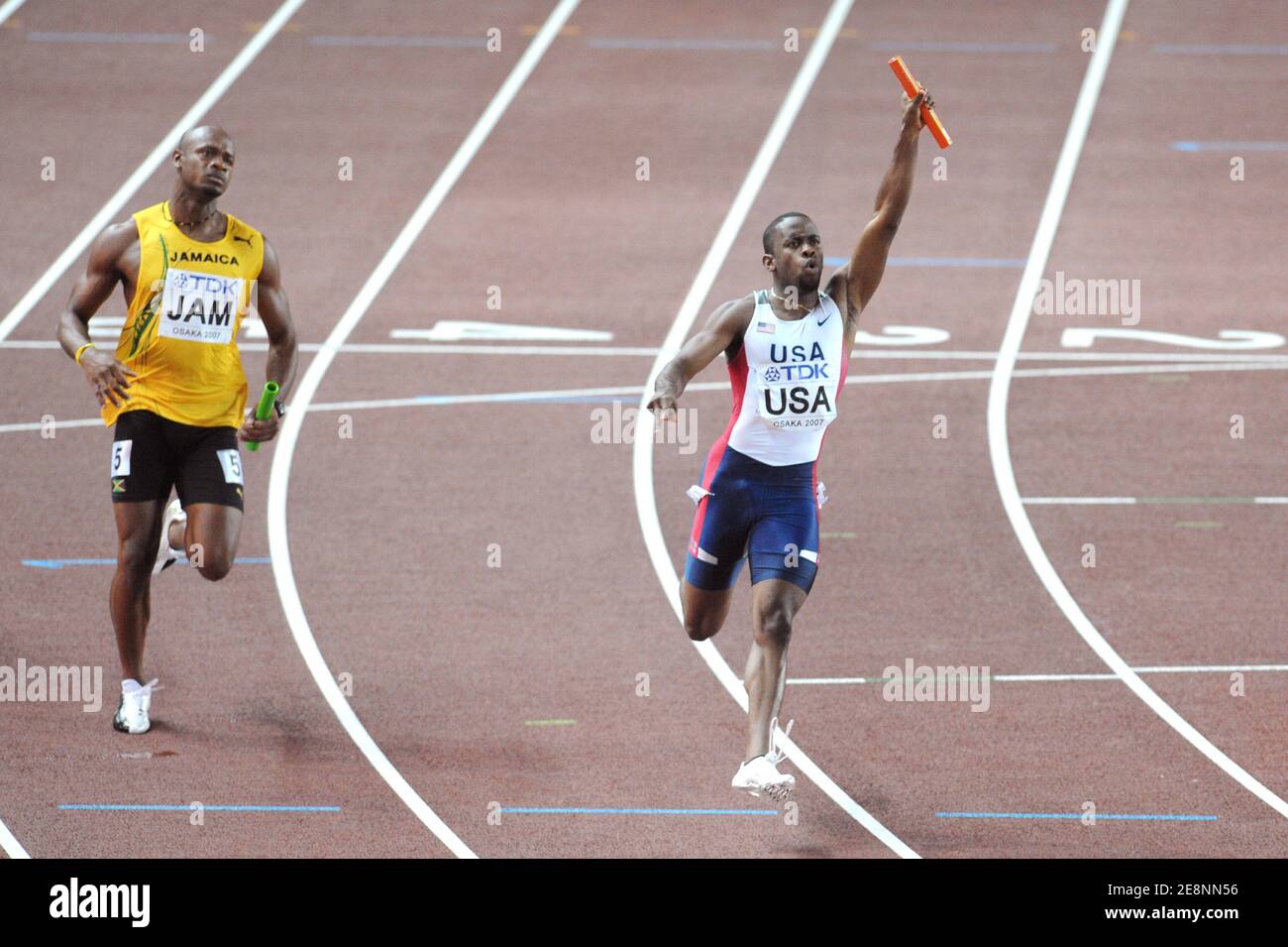 Das US-Staffel-Team gewann am 1. September 2007 im Nagai-Stadion in Osaka, Japan, das 4X100 Männer-Staffelfinale bei der 11. IAAF-Leichtathletik-Weltmeisterschaft "Osaka 2007". Foto von Gouhier-Kempinaire/Cameleon/ABACAPRESS.COM Stockfoto