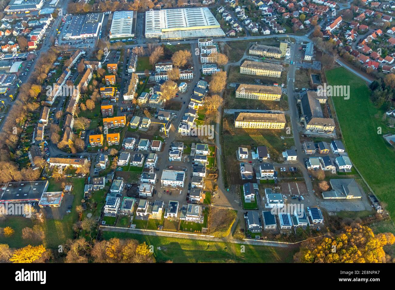 Luftaufnahme, Bebauung Belgisches Viertel, neues Wohngebiet, Soest, Soester Börde, Nordrhein-Westfalen, Deutschland, Bauarbeiten, Bau, Stockfoto