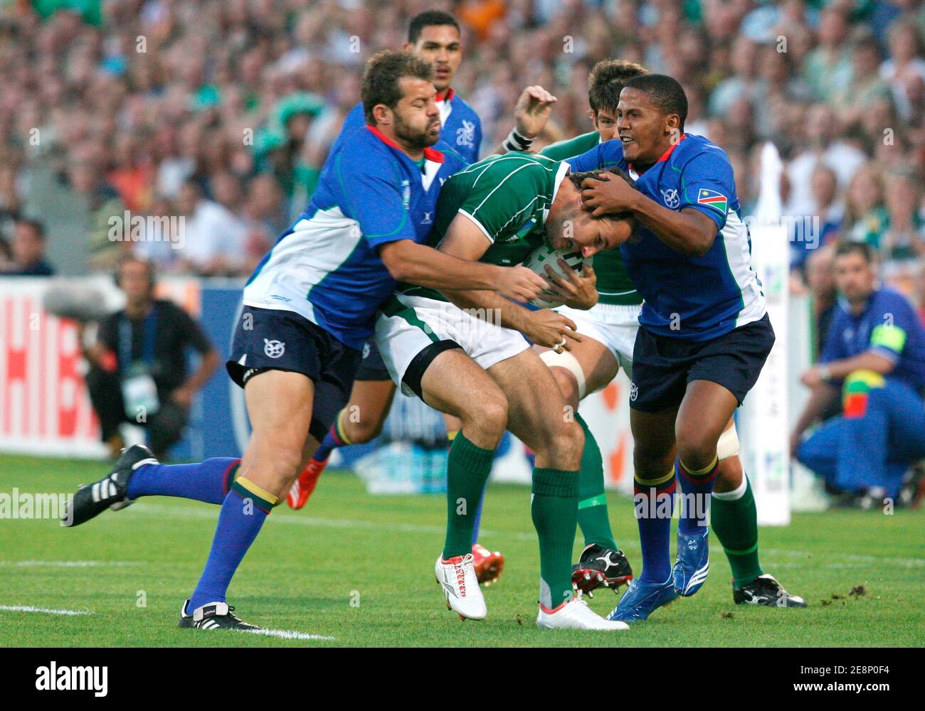 Namibias Eugene Jantjies während der IRB Rugby World Cup 2007, Pool D, Irland gegen Namibia im Chaban Delmas Stadium in Bordeaux, Frankreich am 9. September 2007. Irland gewann 32-17. Foto von Pool Rugby 2007/Cameleon/ABACAPRESS.COM Stockfoto