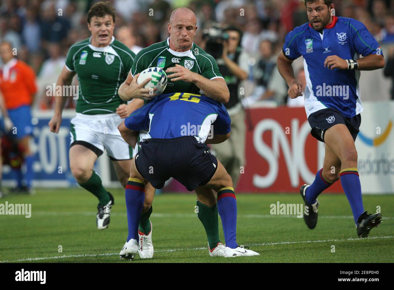 Irlands Denis Hickie während der IRB Rugby World Cup 2007, Pool D, Irland gegen Namibia im Chaban Delmas Stadium in Bordeaux, Frankreich am 9. September 2007. Irland gewann 32-17. Foto von Pool Rugby 2007/Cameleon/ABACAPRESS.COM Stockfoto