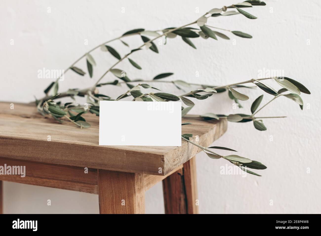 Blank weiße Visitenkarte Mockup und Olivenbaum Zweig auf alten Holzbank, Tisch Hintergrund. Elegante moderne Vorlage für Branding-Identität Stockfoto