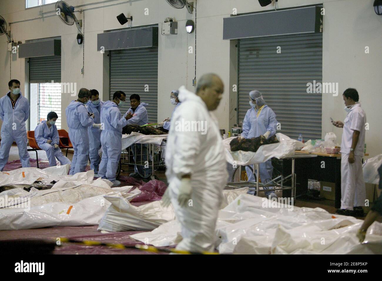 Am 17. September 2007 überprüfen forensische Arbeiter die Leichen von Passagieren eines thailändischen Flugzeugs in einem Gebäude auf dem internationalen Flughafen Phuket, Phuket, Thailand.EIN Billigflugzeug mit 128 Personen an Bord stürzte am 16. September 2007 auf der thailändischen Ferieninsel Phuket ab. 88 Menschen wurden getötet, als es aufbrach und in Flammen aufging, während er versuchte, bei starkem Regen zu landen.die restlichen 42 Menschen an Bord des Fluges aus Bangkok überlebten und wurden in nahe gelegenen Krankenhäusern wegen einer Vielzahl von Verletzungen behandelt. Foto von Patrick Durand/ABACAPRESS.COM Stockfoto
