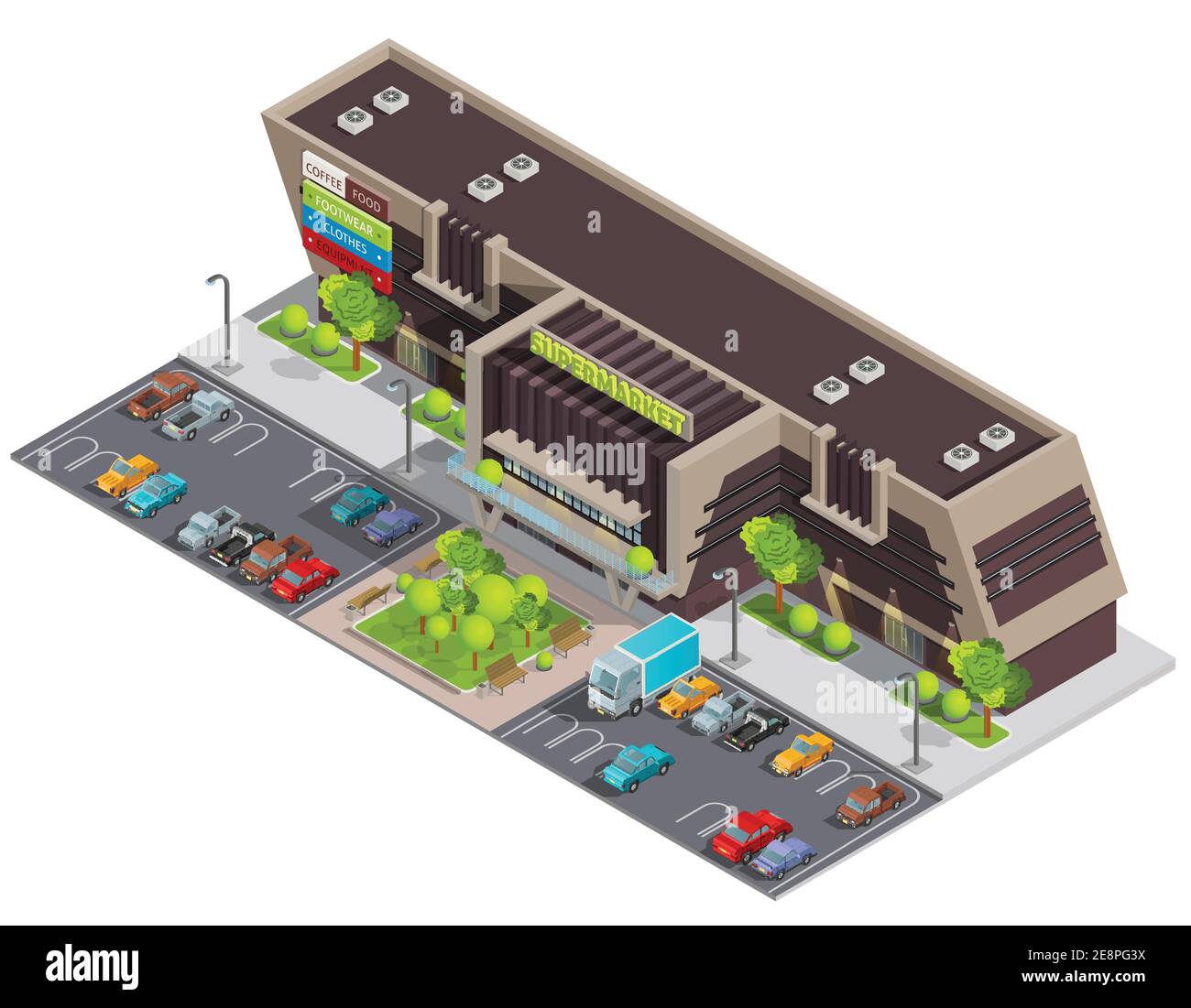 Einkaufszentrum im Geschäftsviertel für wohlhabende Kunden mit Parkplatz isometrische Zusammensetzung abstrakte Vektor-Illustration Stock Vektor