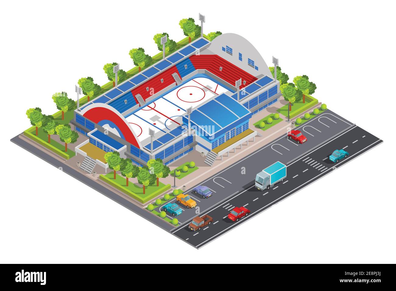 Sportkomplex Stadionanlagen für Spiele und Feiern mit Parkplatz Lot abstrakt isometrische Zusammensetzung Banner Vektor Illustration Stock Vektor