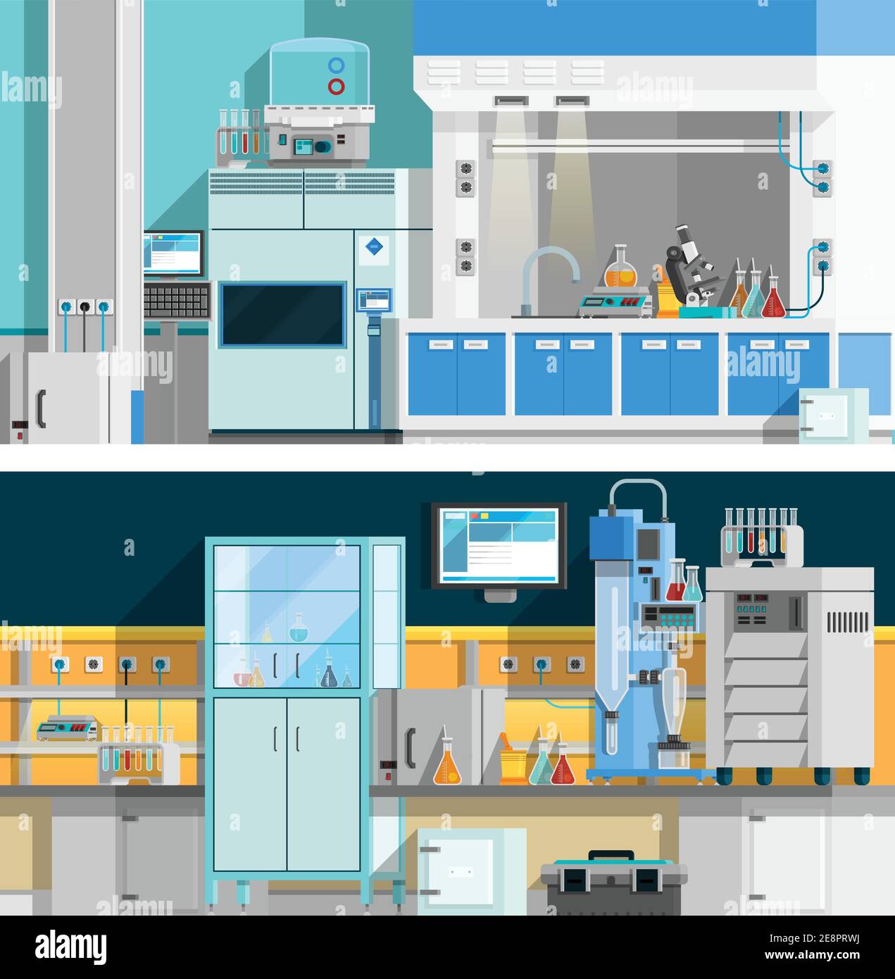 Zwei horizontale Banner des Wissenschaftslabors mit Kompositionen von Arbeitsräumen für Chemische Experimente in modernen Innenraum flache Vektor-Illustration Stock Vektor