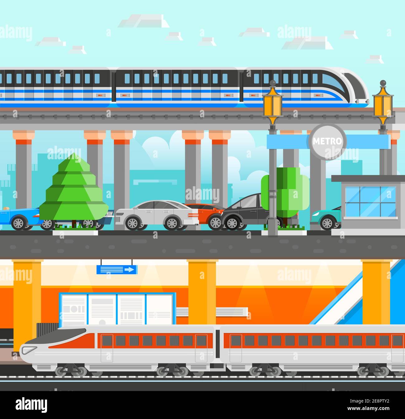 U-Bahn-Design-Konzept mit moderner Hochgeschwindigkeits-Einschienenbahn Und U-Bahn-Züge und Autos flache Vektor-Illustration Stock Vektor