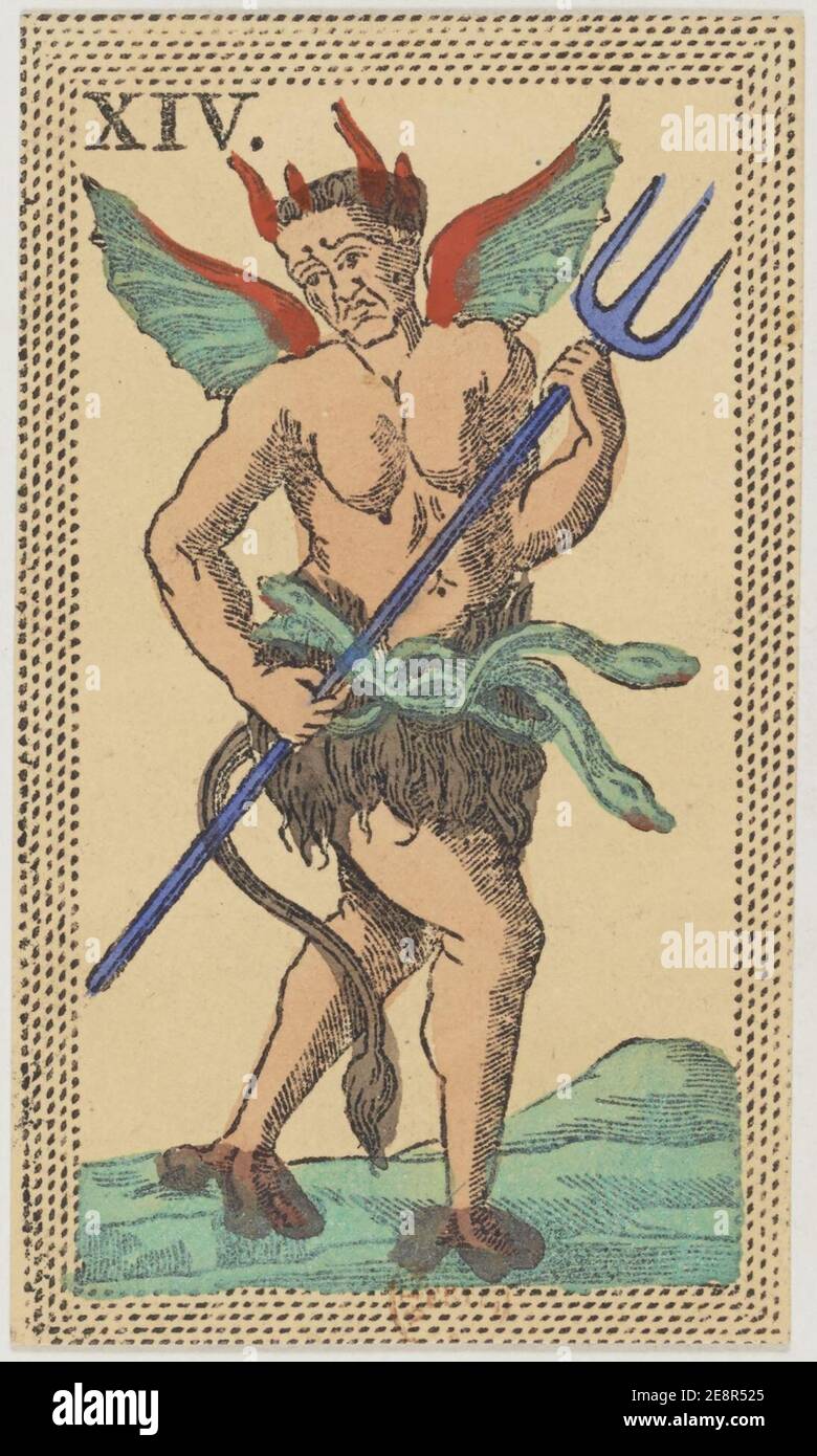 Minchiate Kartendeck - Florenz - 1860-1890 - Trumps - 14 - Il Diavolo. Stockfoto