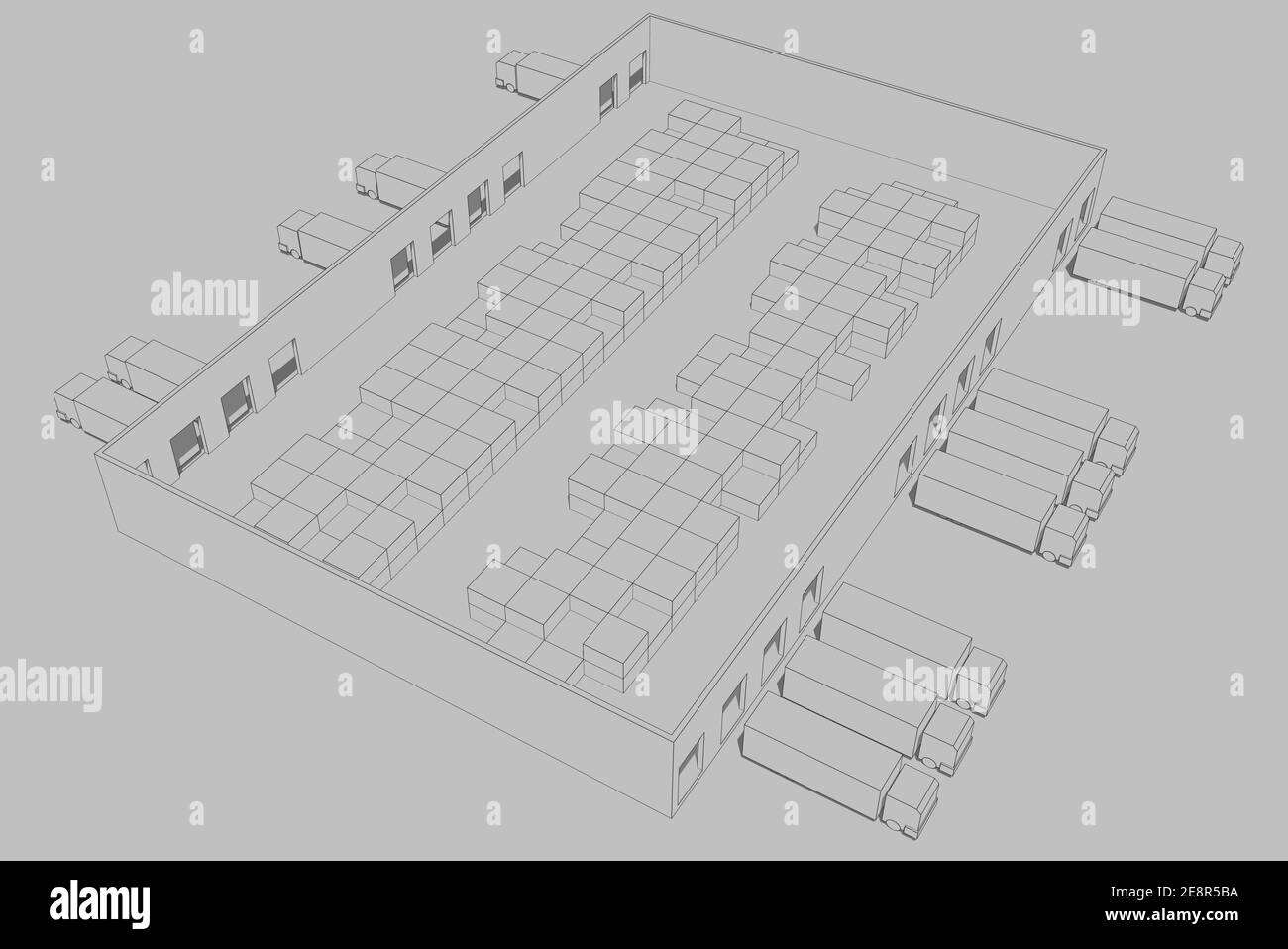 Lager 3D-Darstellung von Transport- und Lieferfahrzeugen der Logistik. Stockfoto