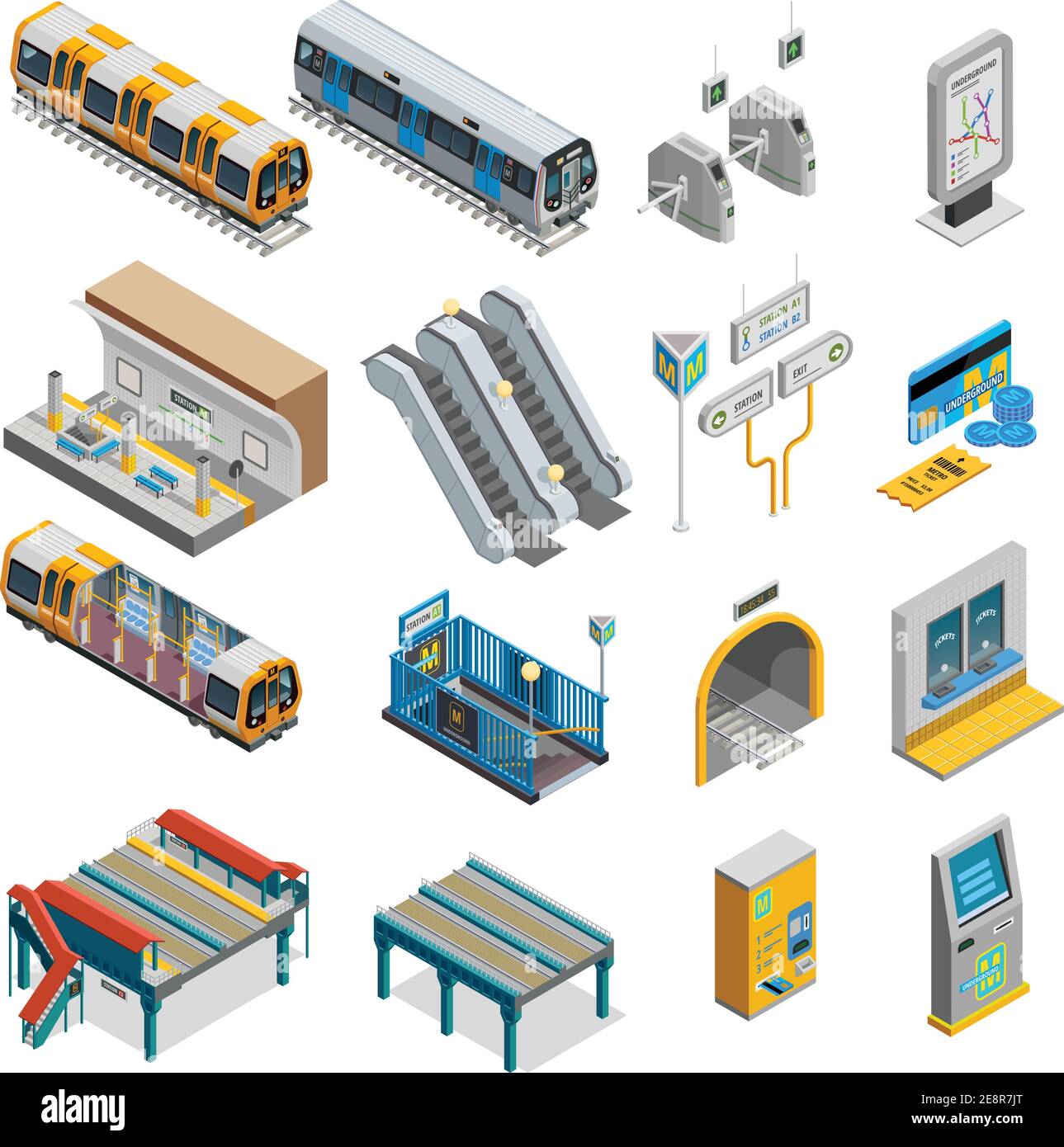 Unterirdisches isometrisches Set mit Zug- und Bahnhofssymbolen isolierter Vektor Abbildung Stock Vektor