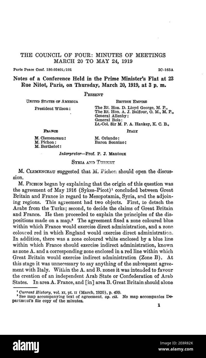 Protokoll der Pariser Friedenskonferenz 1919 Rat der vier p1. Stockfoto