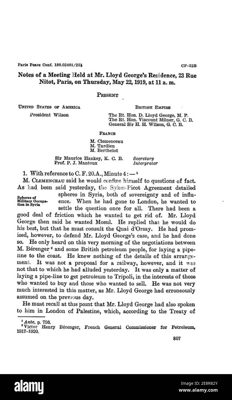 Protokoll der Pariser Friedenskonferenz 1919 Rat der vier p809. Stockfoto