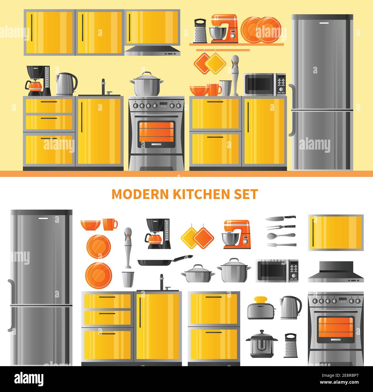 Zwei horizontale Banner mit Küche realistische Design-Konzept modern inländischen Technik und Geschirr Set flache Vektor-Illustration Stock Vektor