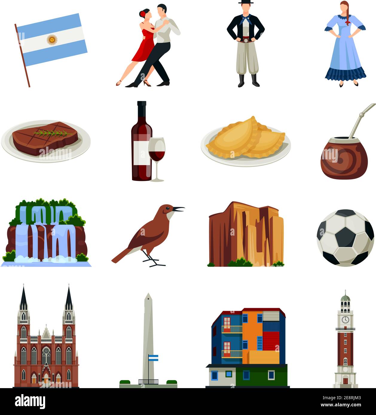 Argentinien nationale Wahrzeichen Attraktionen und Essen flach Ikonen Sammlung mit Uhrturm und Wasserfälle isoliert Symbole Illustration Stock Vektor