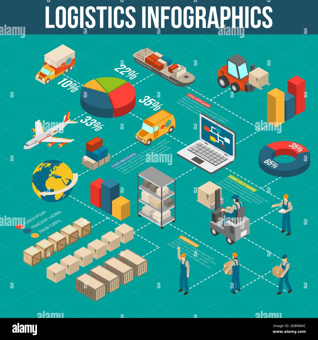Logistik Gütertransport Lagerung Sortierung und Lieferung Infograpics in Flussdiagramm Form mit isometrischen Symbolen abstrakte Vektordarstellung Stock Vektor