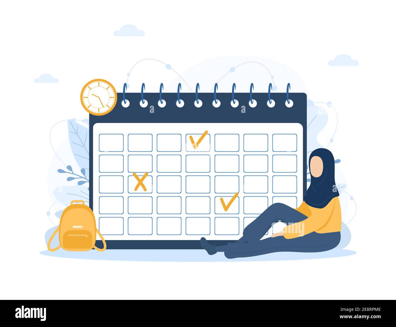 Monatsplanung oder To-Do-Listenkonzept. Islamische Frau in Hijab sitzt in der Nähe von riesigen Kalender. Aufgabenplanung, Arbeitsprozessorganisation. Vektor Stock Vektor