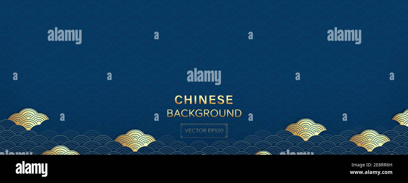 Orientalisches Muster auf blauem Bannerhintergrund mit goldenen Wellen Am unteren Rand Stock Vektor